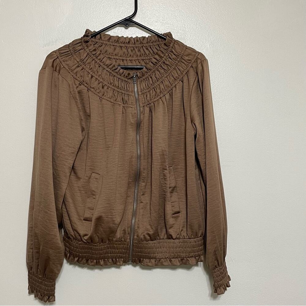 Olivia Grey Taupe Brown Gathered Bomber Jacket Small